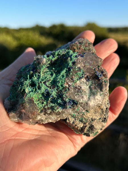 Raw Specimen Chrystalite Azurite, with Green Malachite and Quartz