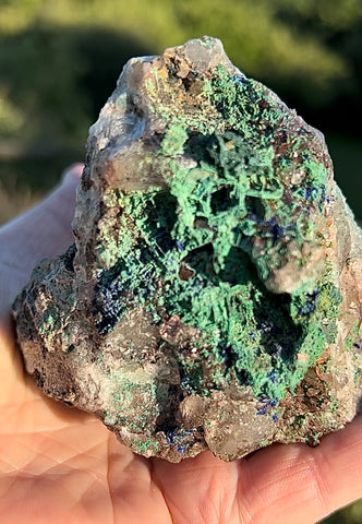 Raw Specimen Chrystalite Azurite, with Green Malachite and Quartz