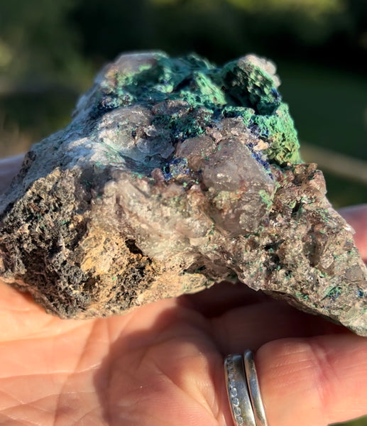 Raw Specimen Chrystalite Azurite, with Green Malachite and Quartz