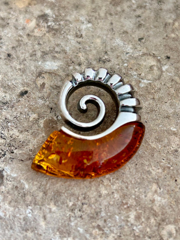 Sterling silver and Baltic amber Ammonite pendant