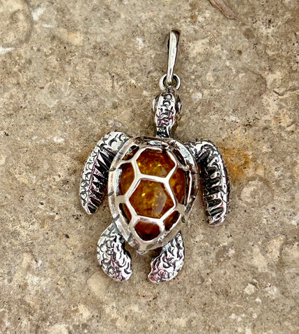 Sterling Silver and Cognac Amber Sea Turtle pendant