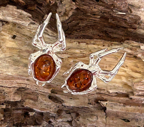 Sterling Silver and Baltic Cognac Amber Spider studs