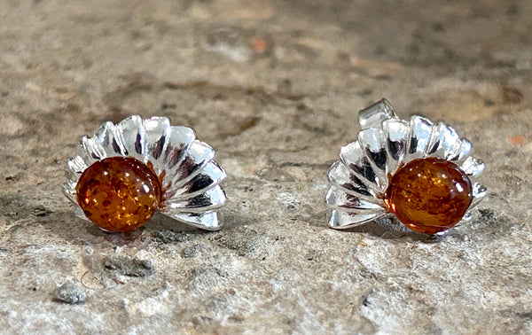 Sterling silver and Cognac Amber Ammonite stud earrings
