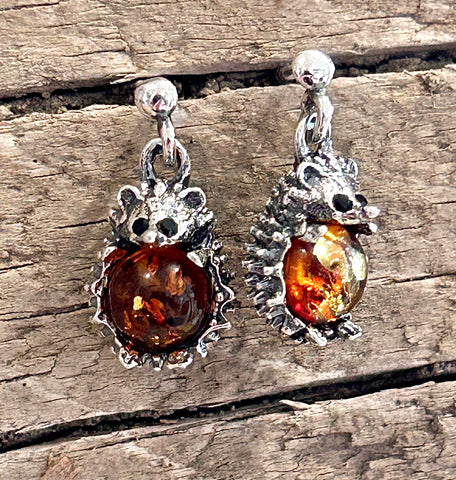 Sterling Silver and Amber Hedgehog drop earrings