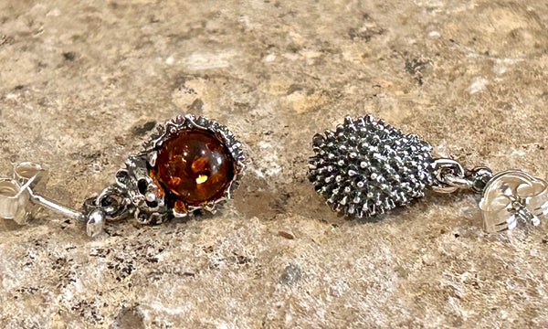 Sterling Silver and Amber Hedgehog drop earrings