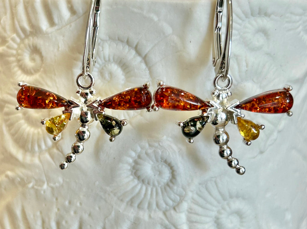 Sterling Silver and Mixed Amber Dragonfly drop Earrings