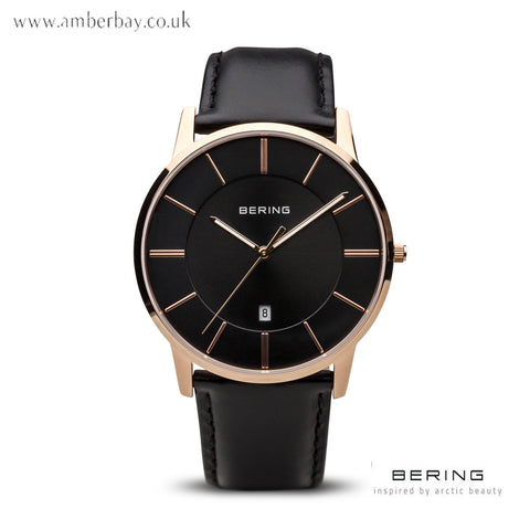 Bering Classic Polished Rose Gold Leather Strap Watch 13139-466