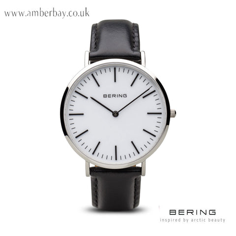 Bering Gents Classic Polished Silver Leather Strap Watch 13738-404