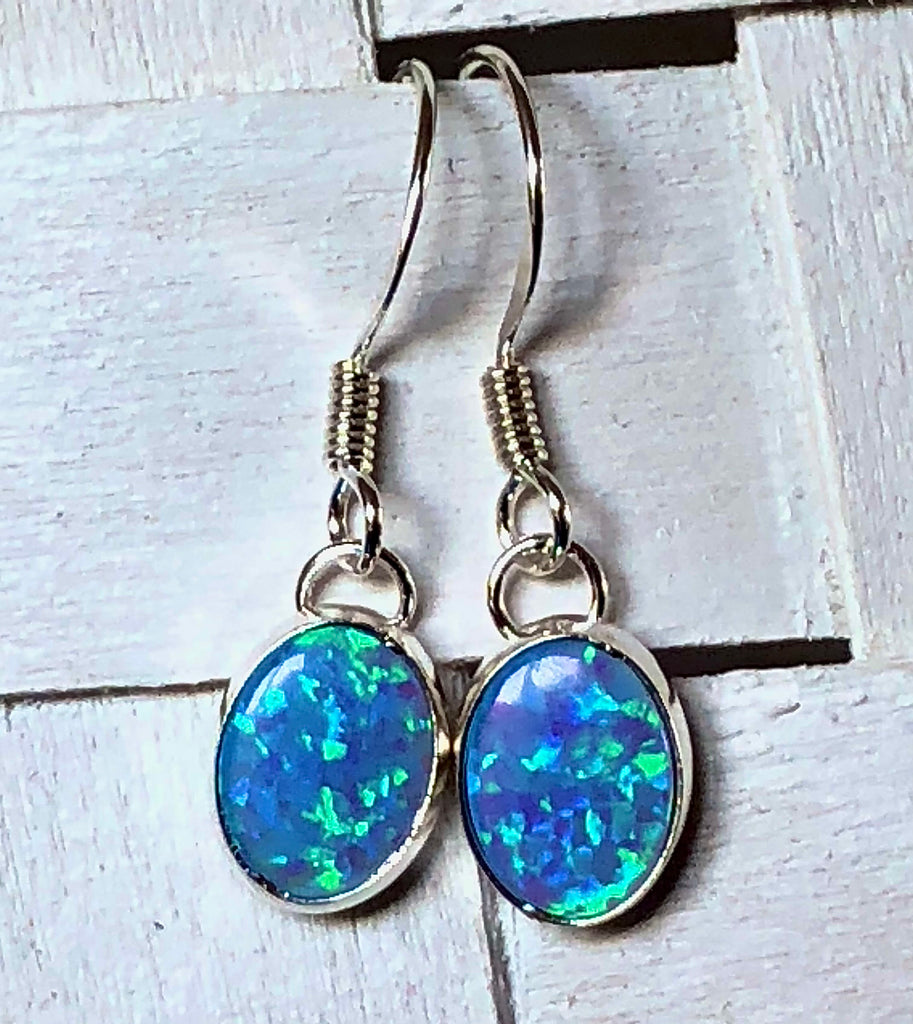 Sterling Silver and Blue Opalique Oval Drop Earrings