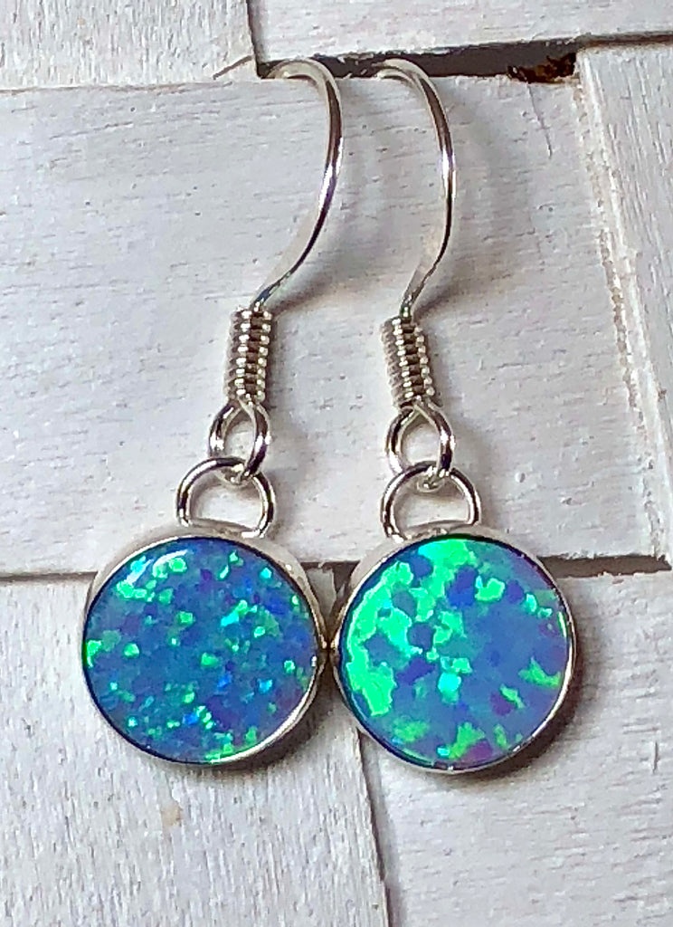 Sterling Silver and Blue Opalique round  Drop Earrings