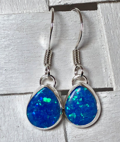 Sterling Silver and Blue Opalique Teardrop Drop Earrings