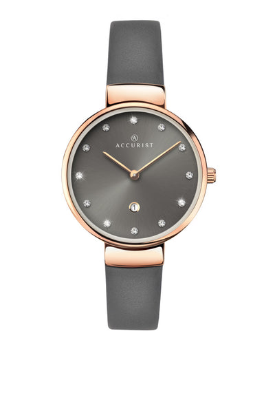 Accurist Ladies Grey Leather Strap Rose Gold Plated Watch 8149