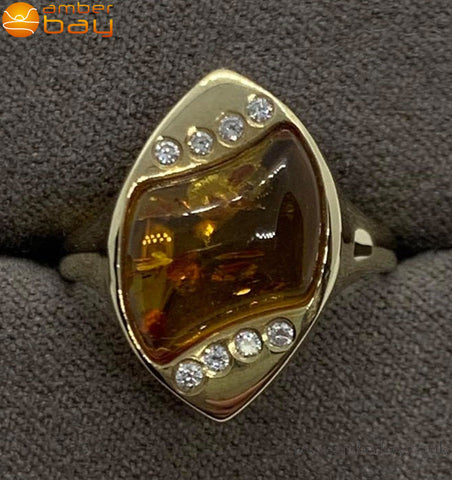9ct Yellow Gold Cognac Baltic Amber and Diamond Ring