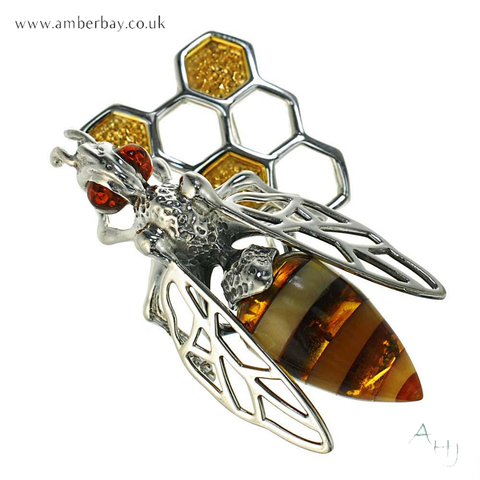 Silver and Amber Bee on Honeycomb Brooch