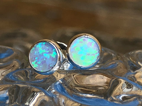 Sterling Silver and blue Opalique round Ear Studs