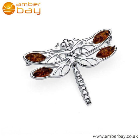 Silver and Cognac Amber Dragonfly Brooch BCH202 at Amber Bay
