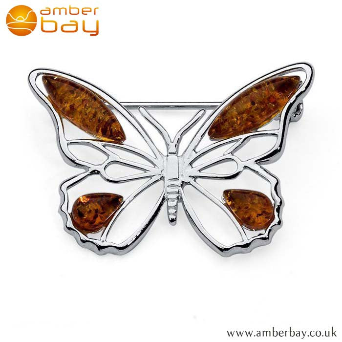 Silver and Cognac Amber Butterfly Brooch BCH203 at Amber Bay