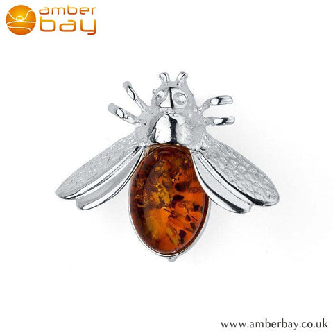 Silver and Cognac Amber Bee Brooch BCH205 at Amber Bay