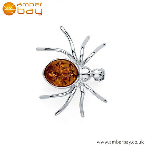 Silver and Cognac Amber Spider Brooch BCH207 at Amber Bay