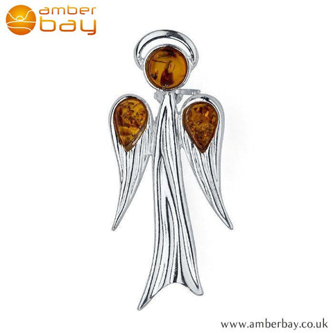 Silver and Cognac Amber Guardian Angel Brooch BCH 216 at Amber Bay