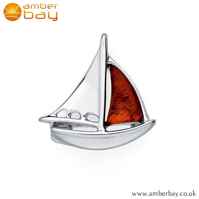 Silver and Cognac Amber Boat Brooch BCH217 at Amber Bay