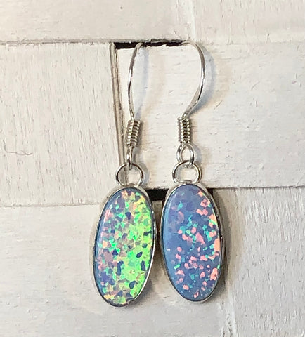 Sterling Silver and Blue Opalique Oval Drop Earrings