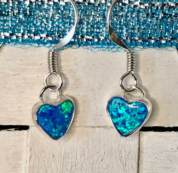 Sterling Silver and Blue Opalique Heart Drop Earrings