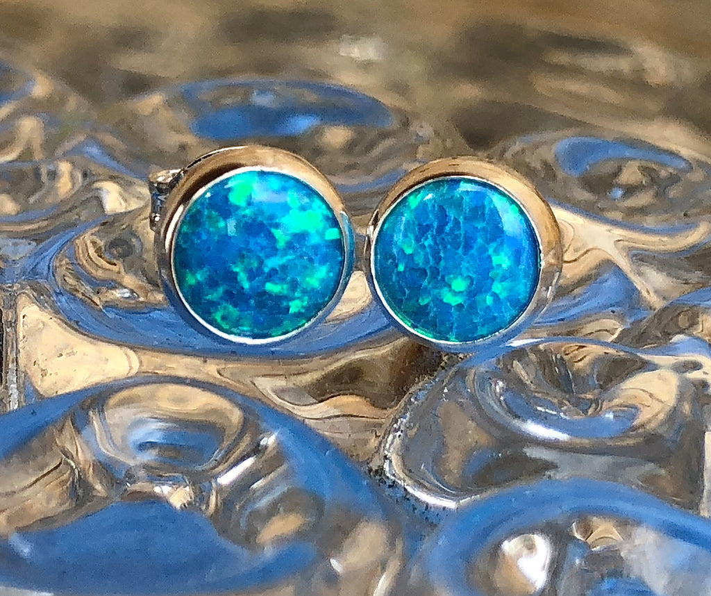 Sterling Silver and blue Opalique Ear Studs