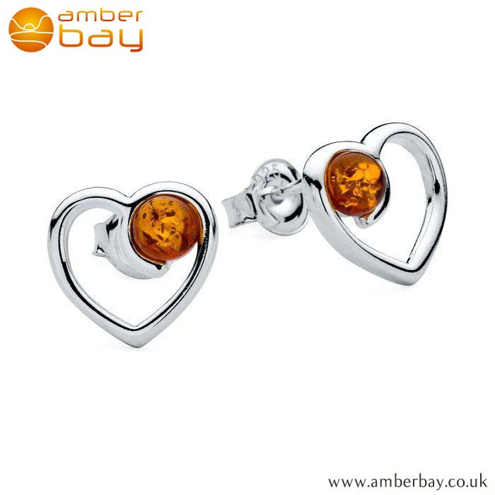 Silver and Amber Heart Studs ER214 at Amber Bay
