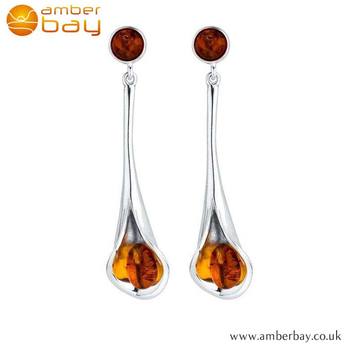 Silver and Amber Tulip Drop Earrings ER298 at Amber Bay