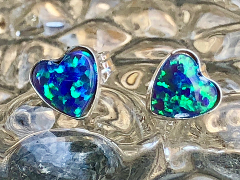 Sterling Silver and blue Opalique Heart shape Ear Studs
