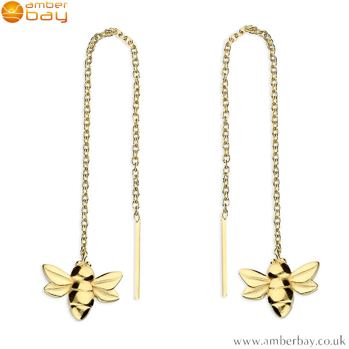 Yellow Gold Plated Bee Pull-Through Drop Earrings