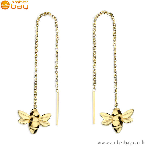 Yellow Gold Plated Bee Pull-Through Drop Earrings
