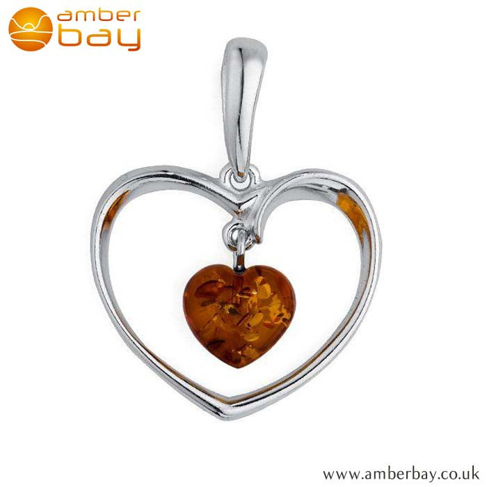 Silver and Cognac Amber Heart Pendant P234 at Amber Bay