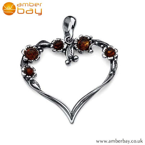 Silver and Cognac Amber Floral Heart Pendant P258 at Amber Bay