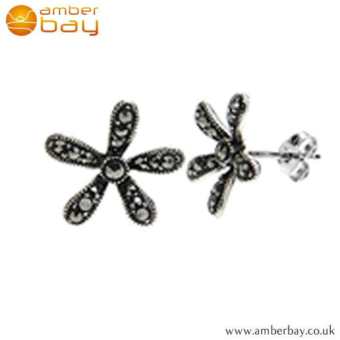 Sterling Silver and Marcasite Flower Studs S491MR at Amber Bay