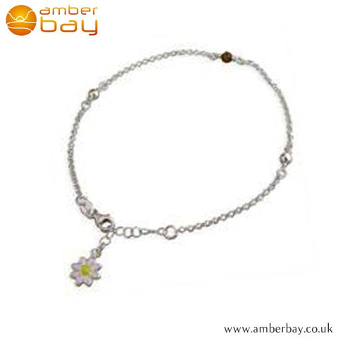 Sterling Silver Anklet with Tigers Eye and Enamel Flower R7320 at Amber Bay