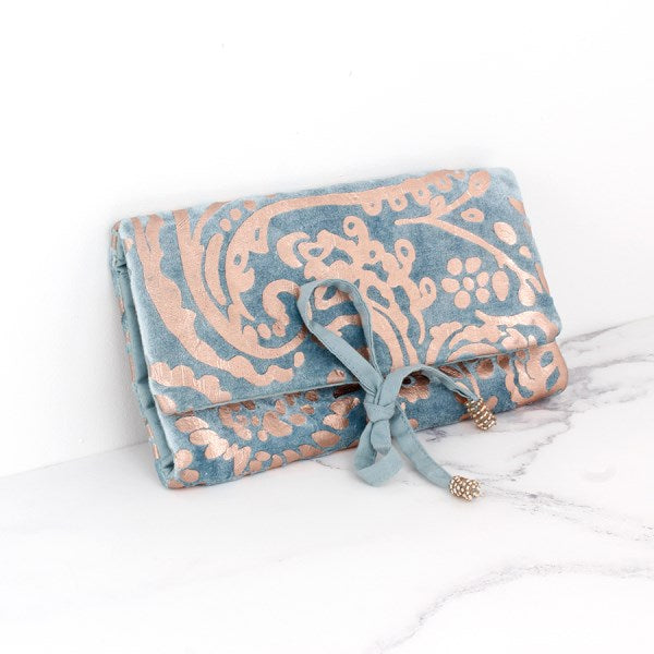 Aqua velvet and rose gold paisley jewellery wrap