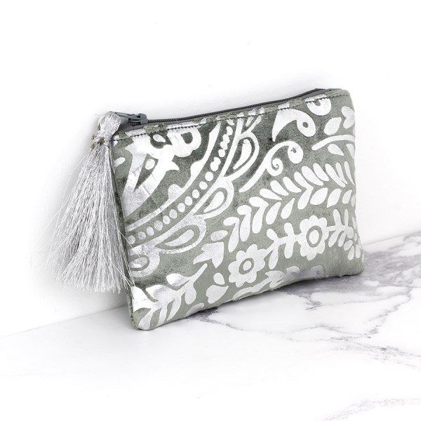 Grey velvet and silver paisley print purse with tassel