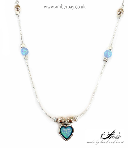 Aviv Sterling Silver, Gold Plated Beads and Opal Heart Necklace