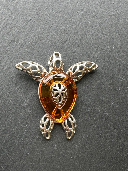 Sterling Silver and Cognac Amber turtle pendant