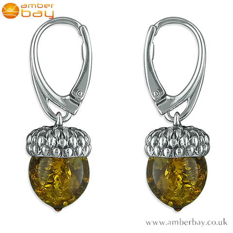 Sterling Silver and Cognac Baltic Amber Acorn Drop Earrings
