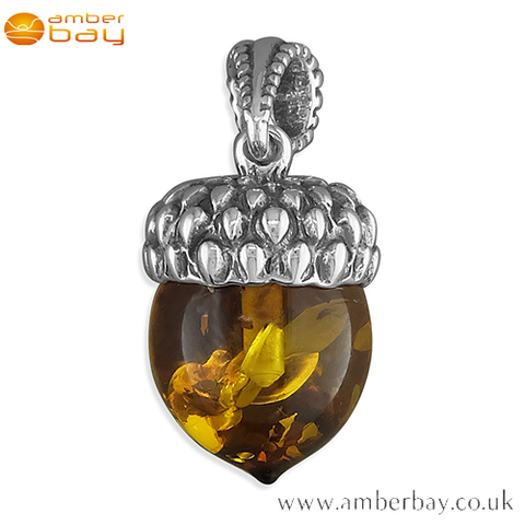 Sterling Silver and Cognac Baltic Amber Acorn Pendant