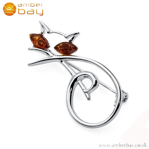 Silver and Amber Lying Cat Brooch