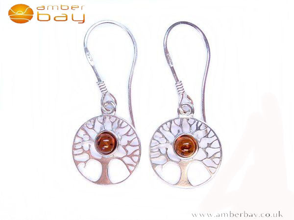 Silver and Amber Tree Of Life Drop Earrings