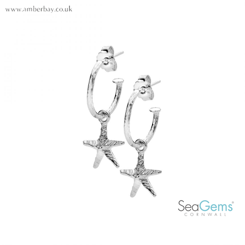 Sea Gems Sterling Silver Hammered/Textured Starfish Hoop Earrings  P1380