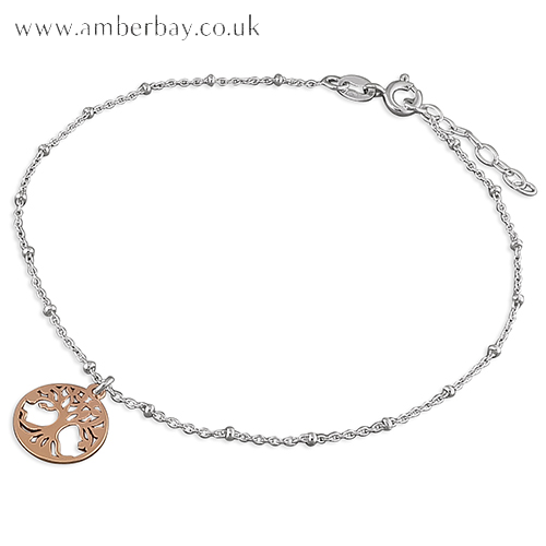 Sterling Silver and Rose Gold Plated Tree of Life Anklet