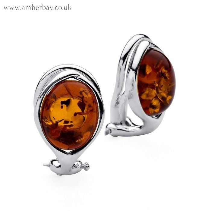 Silver and Cognac Amber Clip On Earings