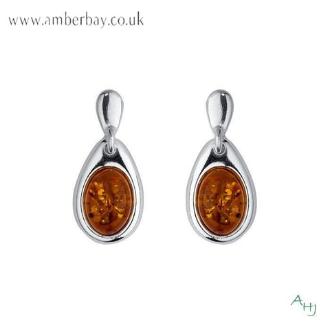Sterling Silver and Cognac Amber Drop Earrings