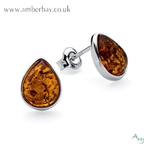 Sterling Silver and Cognac Amber Teardrop Stud Earrings
